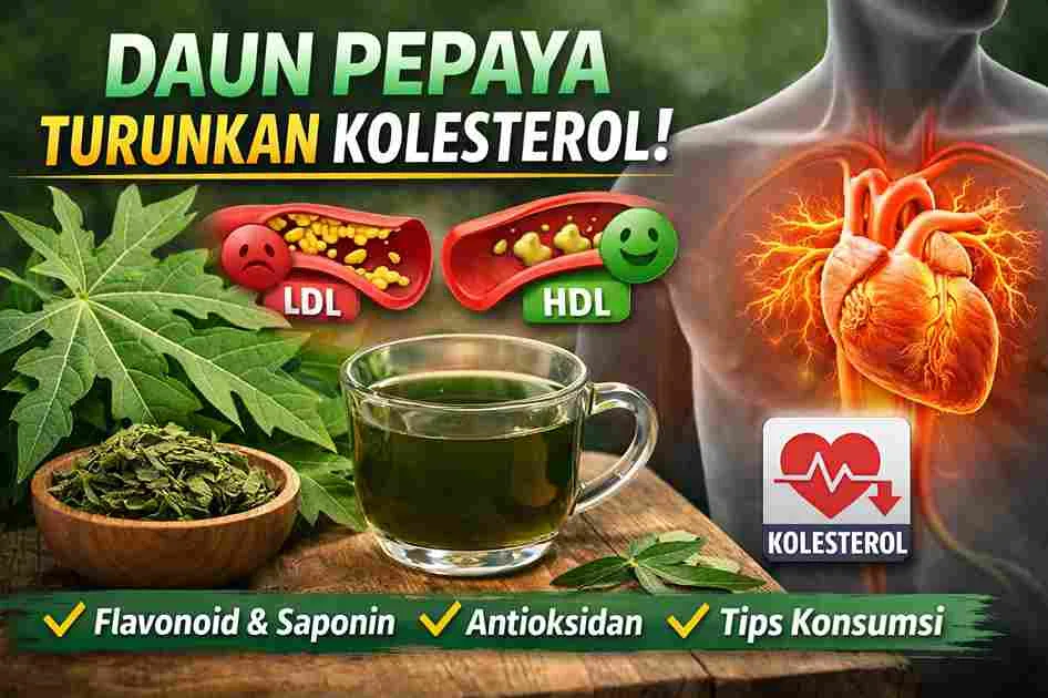 Gambar daun pepaya, teh daun pepaya, serta ilustrasi LDL dan HDL yang menunjukkan manfaat daun pepaya dalam membantu menurunkan kolesterol.
