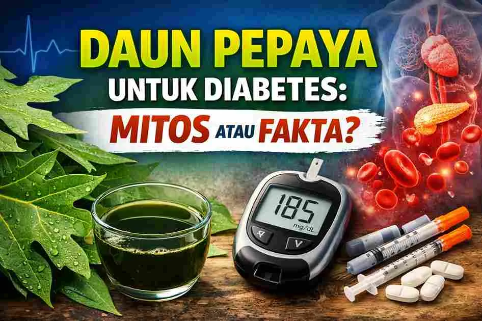 Daun pepaya segar di atas meja dengan latar alat cek gula darah, menggambarkan potensi manfaat daun pepaya untuk kesehatan gula darah.