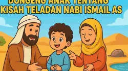 Ilustrasi kartun Nabi Ibrahim dan Nabi Ismail di padang pasir dengan air Zamzam memancar, penuh warna dan bernuansa Islami untuk anak-anak
