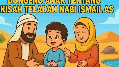 Ilustrasi kartun Nabi Ibrahim dan Nabi Ismail di padang pasir dengan air Zamzam memancar, penuh warna dan bernuansa Islami untuk anak-anak