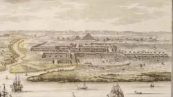 Ilustrasi pemandangan pelabuhan dan kota kuno di wilayah Aceh pada masa kerajaan Islam awal dengan kapal dagang di perairan.