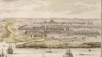 Ilustrasi pemandangan pelabuhan dan kota kuno di wilayah Aceh pada masa kerajaan Islam awal dengan kapal dagang di perairan.