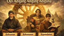 Ilustrasi filosofi Jawa ojo adigang adigung adiguna dengan roda cokro manggilingan dan sosok kekuatan, kekuasaan, serta kepandaian