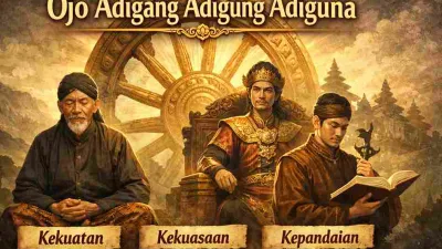 Ilustrasi filosofi Jawa ojo adigang adigung adiguna dengan roda cokro manggilingan dan sosok kekuatan, kekuasaan, serta kepandaian