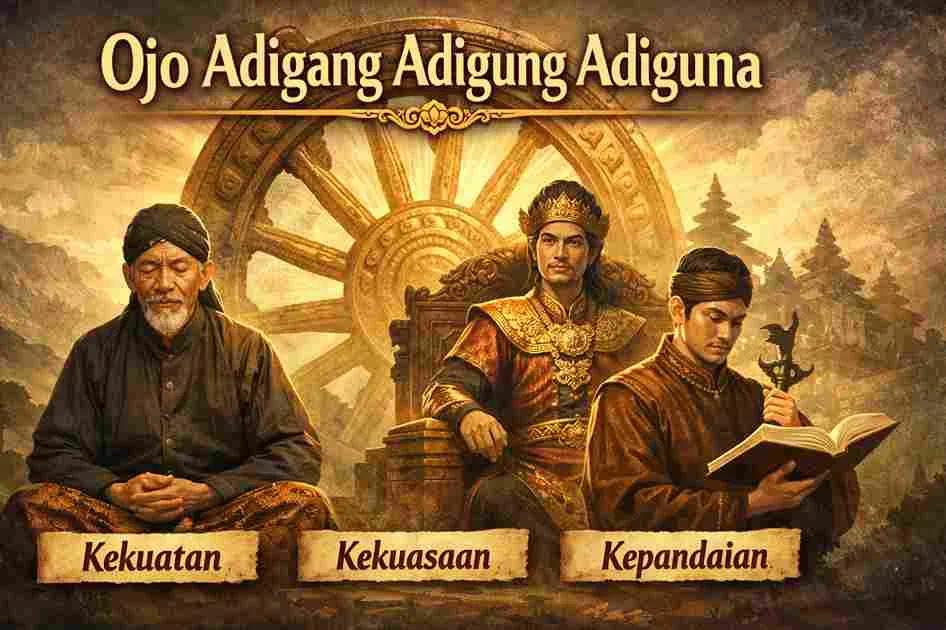 Ilustrasi filosofi Jawa ojo adigang adigung adiguna dengan roda cokro manggilingan dan sosok kekuatan, kekuasaan, serta kepandaian
