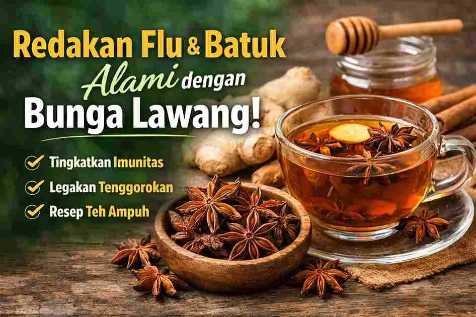 Teh bunga lawang hangat dengan jahe dan madu sebagai obat alami untuk meredakan flu dan batuk ringan.