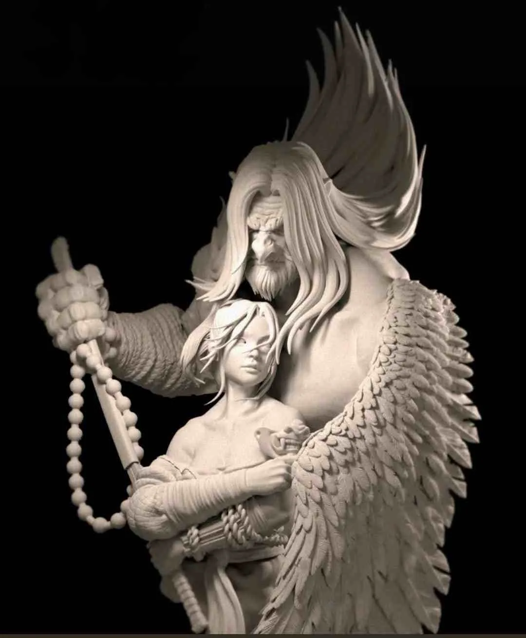 Patung dua tokoh fiksi dengan detail ekspresif; sosok besar bersayap memeluk karakter muda, menggambarkan konflik, perlindungan, dan kedalaman emosi.