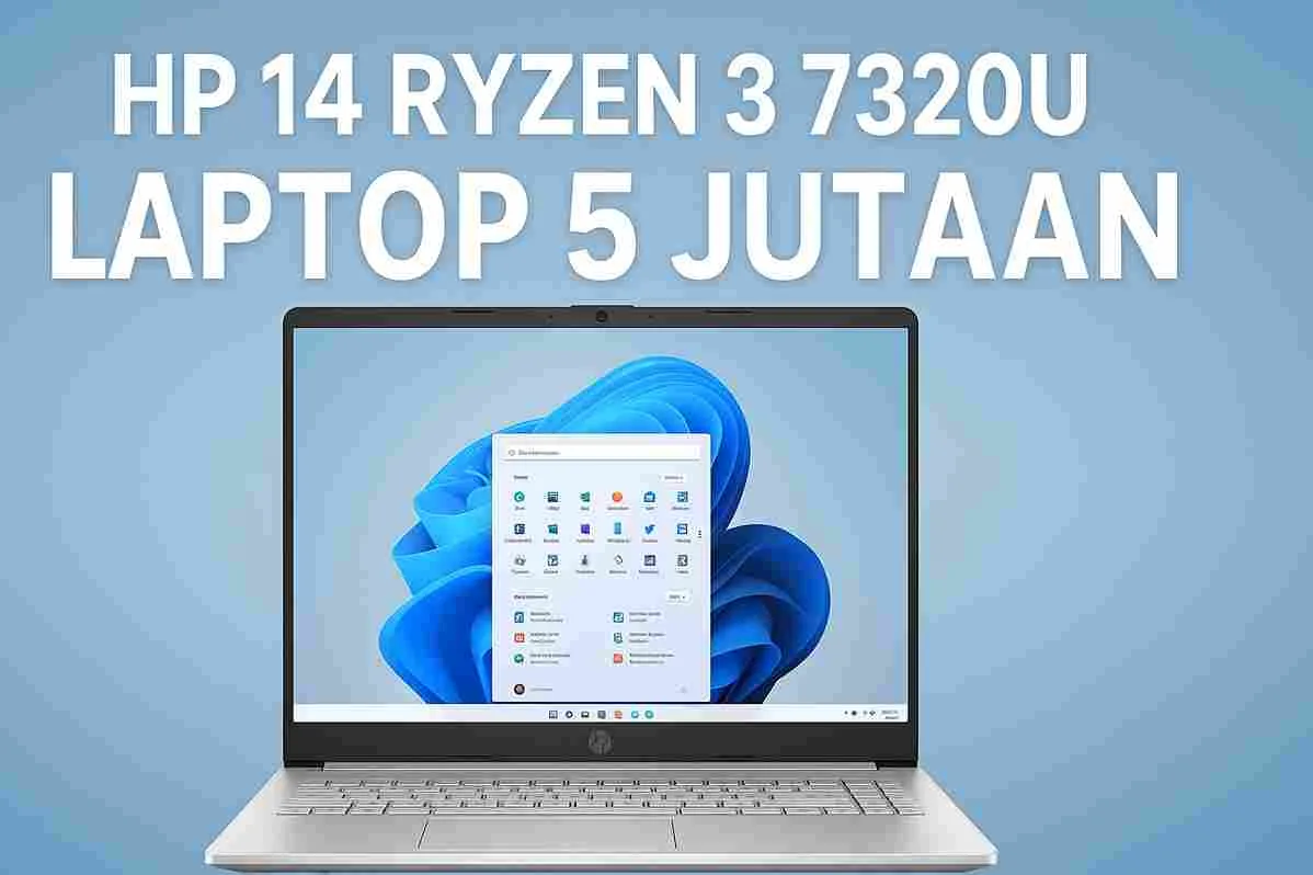 Thumbnail HP 14 Ryzen 3 7320U dengan tulisan laptop 5 jutaan dan gambar laptop tampak depan.