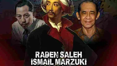 Ilustrasi Raden Saleh, Ismail Marzuki, dan Ali Sadikin sebagai simbol jerit hati seniman dan hilangnya rumah besar seni Indonesia.
