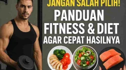 Pria sedang latihan angkat beban di gym dengan ilustrasi makanan sehat sebagai panduan fitness dan diet agar hasil cepat.