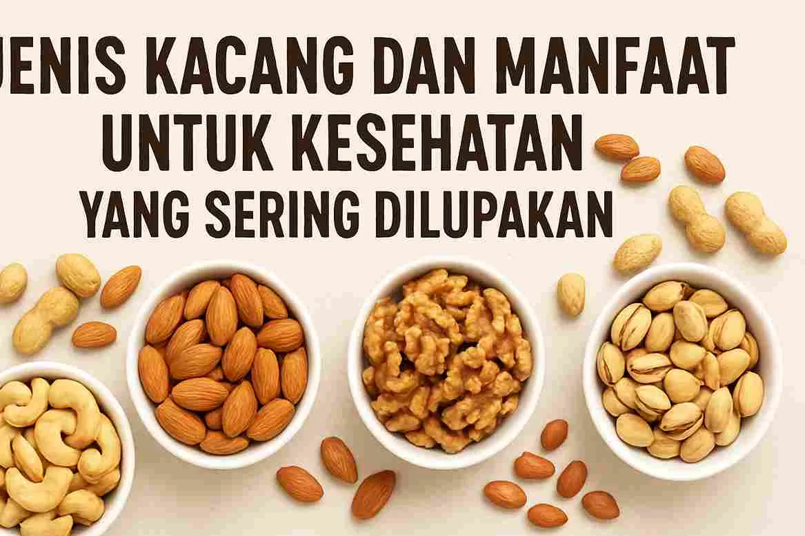 Gambar berbagai jenis kacang seperti almond, kenari, mete, dan pistachio dalam mangkuk putih dengan judul “Jenis Kacang dan Manfaatnya untuk Kesehatan”.
