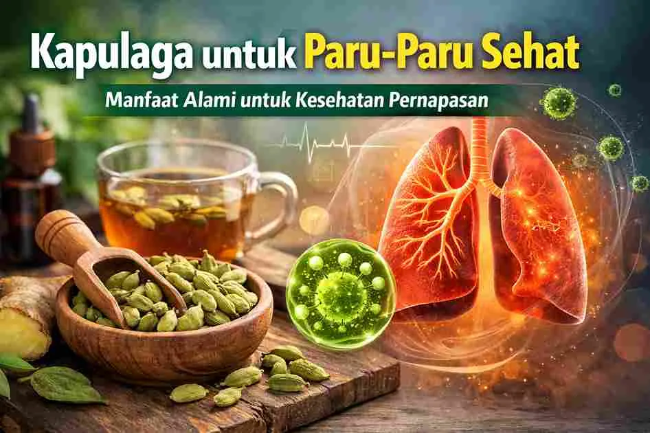 Kapulaga dan teh herbal dengan ilustrasi paru-paru sehat sebagai simbol manfaat kapulaga untuk kesehatan pernapasan.