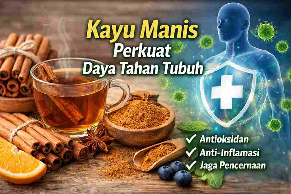 Ilustrasi kayu manis, teh kayu manis, dan simbol kekebalan tubuh dengan ikon perisai untuk menggambarkan manfaat kayu manis dalam meningkatkan daya tahan tubuh.