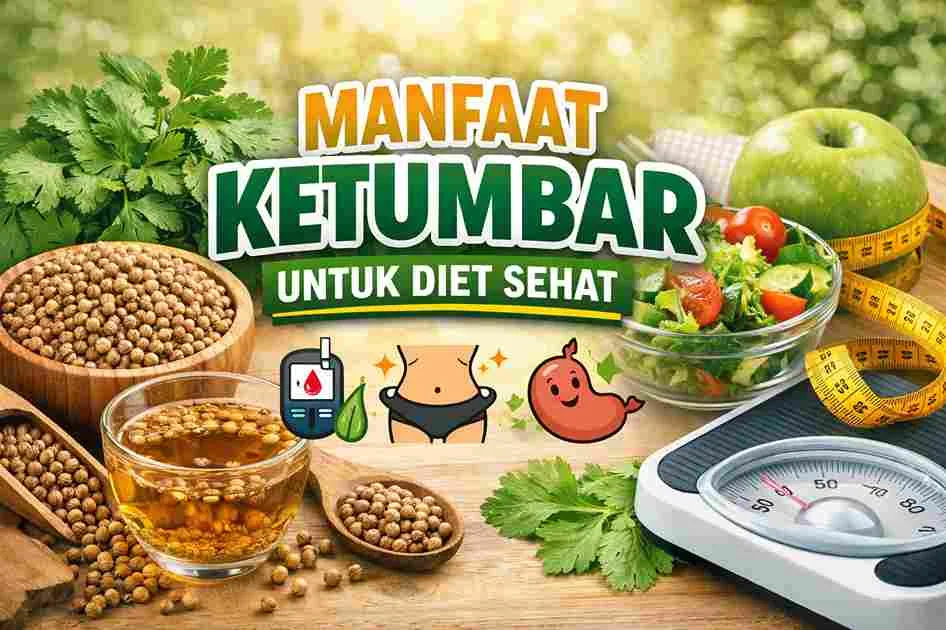 Ketumbar untuk diet sehat ditampilkan bersama air rebusan biji ketumbar, salad segar, dan timbangan berat badan.