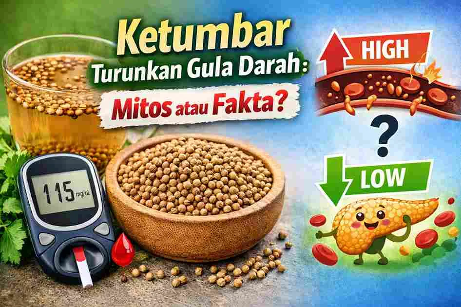 Ilustrasi biji ketumbar dan air rebusannya dengan alat cek gula darah, menggambarkan potensi ketumbar dalam membantu menurunkan gula darah.