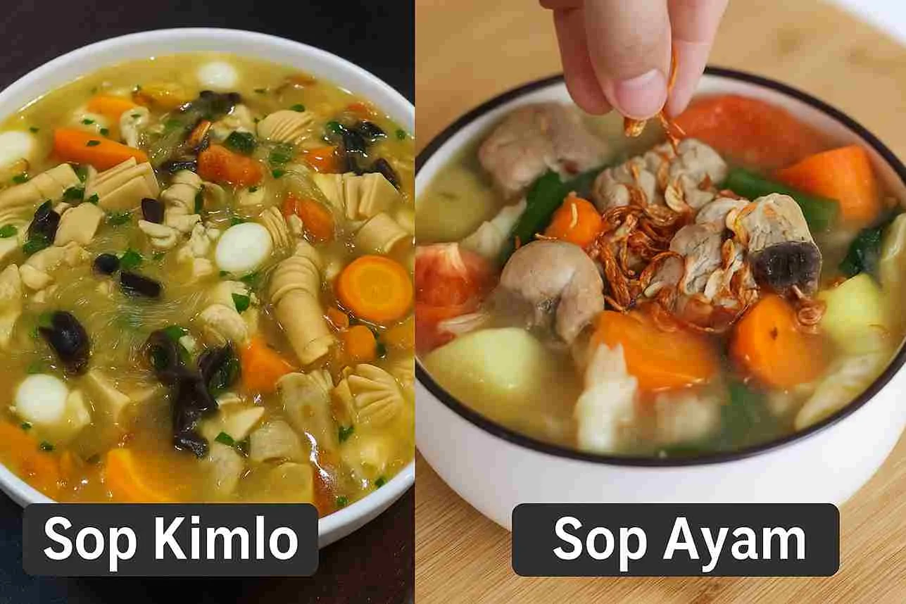 Thumbnail kombinasi Sop Kimlo dan Sop Ayam dalam mangkuk, menampilkan isian sayuran, ayam, bakso, jamur, serta taburan bawang goreng sebagai hidangan berkuah segar.