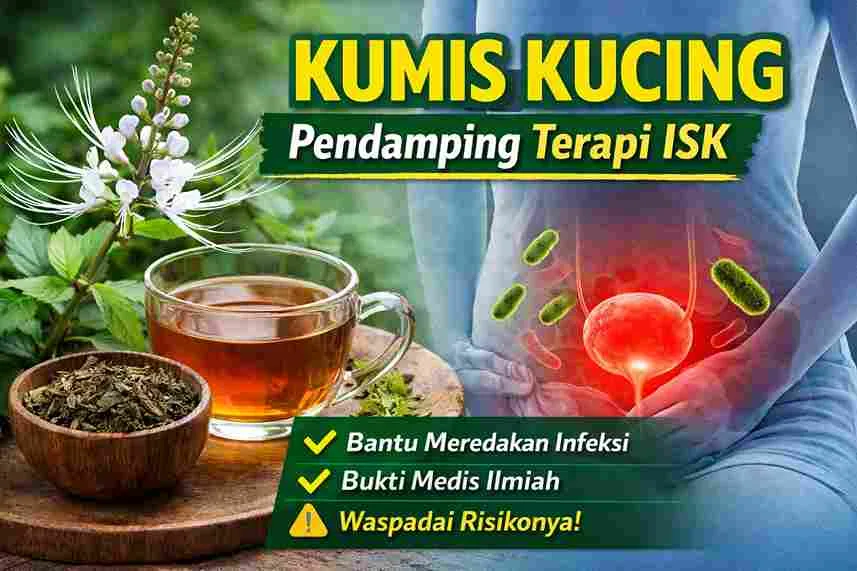 Kumis kucing sebagai herbal pendamping infeksi saluran kemih, ditampilkan bersama teh herbal dan ilustrasi saluran kemih.