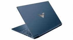 Laptop HP Victus 16 dengan desain minimalis berwarna biru gelap, ditenagai RTX 4060, cocok untuk gaming dan produktivitas.