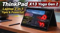 Lenovo ThinkPad X13 Yoga Gen 2 mode tablet di atas meja kerja dengan stylus, laptop 2-in-1 tipis untuk produktivitas dan presentasi.
