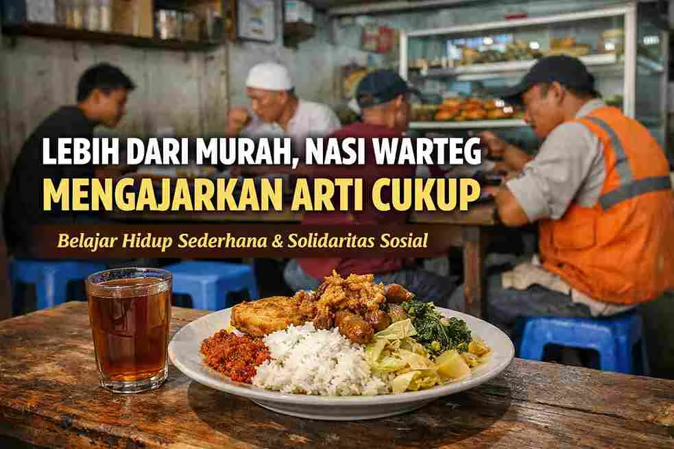 Nasi warteg dengan lauk sederhana di warung Tegal, mencerminkan hidup cukup, kesederhanaan, dan solidaritas sosial di kota besar.