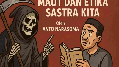Ilustrasi satir seorang penyair membaca buku sambil ditatap malaikat maut berkerudung hitam yang membawa sabit, dengan judul “Maut dan Etika Sastra Kita”.