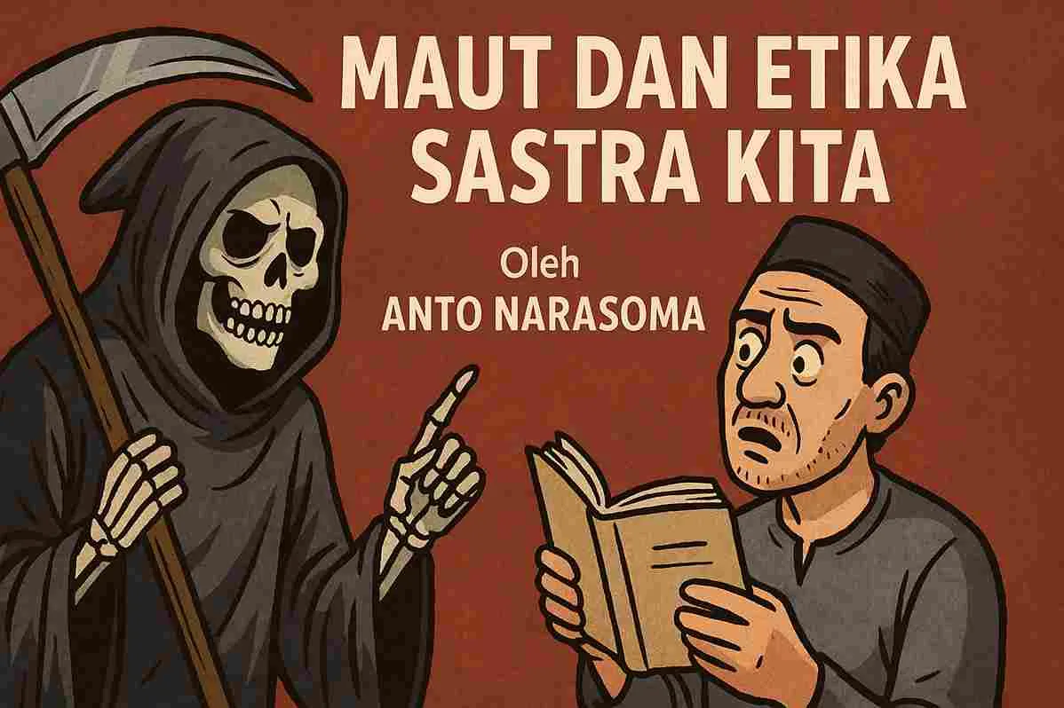 Ilustrasi satir seorang penyair membaca buku sambil ditatap malaikat maut berkerudung hitam yang membawa sabit, dengan judul “Maut dan Etika Sastra Kita”.