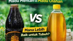 Perbandingan madu mentah dan madu olahan dalam botol, menunjukkan perbedaan warna, kejernihan, dan kualitas alami madu.