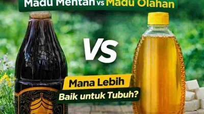Perbandingan madu mentah dan madu olahan dalam botol, menunjukkan perbedaan warna, kejernihan, dan kualitas alami madu.