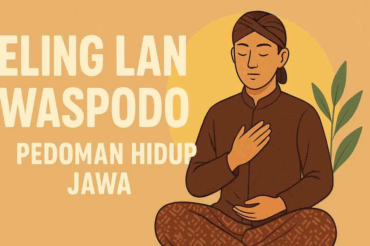 Ilustrasi seorang pria Jawa sedang meditasi dengan sikap tangan eling lan waspodo, berlatar warna cokelat lembut dengan teks “Eling Lan Waspodo – Pedoman Hidup Jawa.