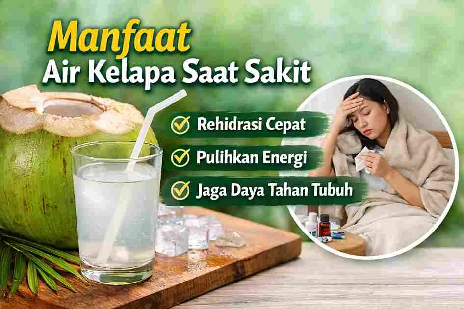 Ilustrasi air kelapa dan orang sakit yang menunjukkan manfaat air kelapa saat sakit untuk rehidrasi dan pemulihan tubuh