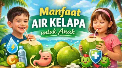 Ilustrasi anak laki-laki dan perempuan minum air kelapa muda segar sebagai minuman sehat untuk hidrasi dan daya tahan tubuh.