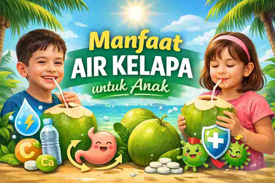 Ilustrasi anak laki-laki dan perempuan minum air kelapa muda segar sebagai minuman sehat untuk hidrasi dan daya tahan tubuh.