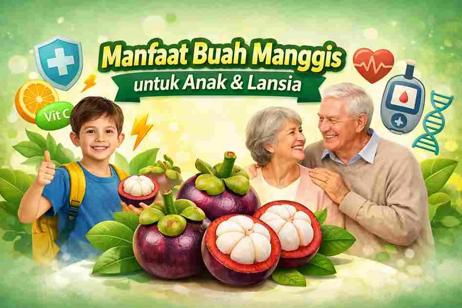 Thumbnail manfaat buah manggis untuk anak dan lansia dengan ilustrasi anak, pasangan lansia, dan buah manggis segar