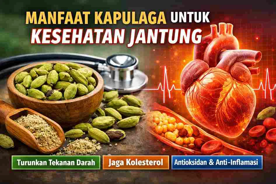 Thumbnail manfaat kapulaga untuk kesehatan jantung, menampilkan biji kapulaga, stethoscope, serta ilustrasi jantung dan aliran darah.
