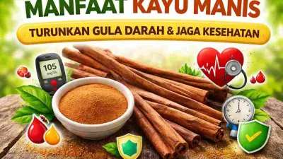 Thumbnail manfaat kayu manis dengan batang kayu manis, bubuk kayu manis, dan ikon kesehatan untuk gula darah, jantung, serta tekanan darah.