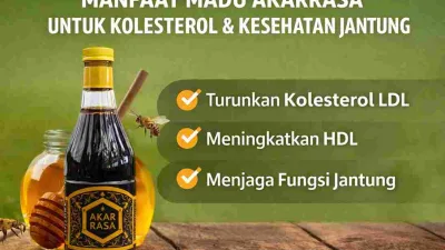 Thumbnail madu akarrasa alami yang menunjukkan manfaat menurunkan kolesterol LDL, meningkatkan HDL, dan menjaga kesehatan jantung.