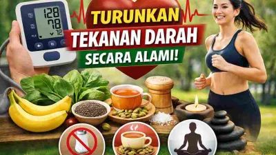 Thumbnail edukasi kesehatan tentang cara menurunkan tekanan darah secara alami, menampilkan alat tensi, makanan sehat, kapulaga, teh herbal, dan gaya hidup aktif.