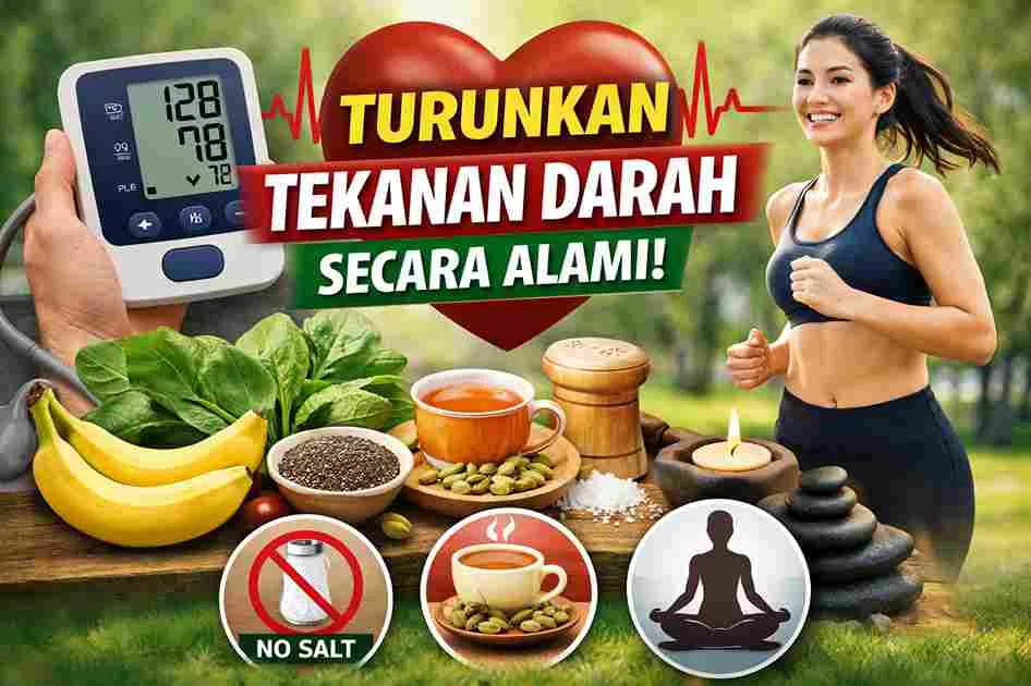 Thumbnail edukasi kesehatan tentang cara menurunkan tekanan darah secara alami, menampilkan alat tensi, makanan sehat, kapulaga, teh herbal, dan gaya hidup aktif.