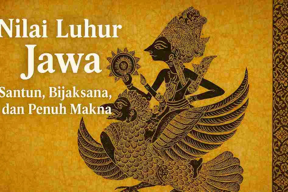Thumbnail nilai luhur Jawa dengan ilustrasi wayang emas berlatar batik dan judul falsafah hidup santun dan bijaksana