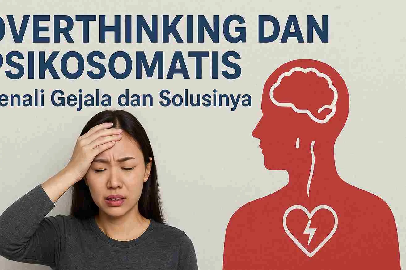 Ilustrasi wanita mengalami stres dan pusing akibat overthinking dengan ikon otak dan jantung yang melambangkan psikosomatis.