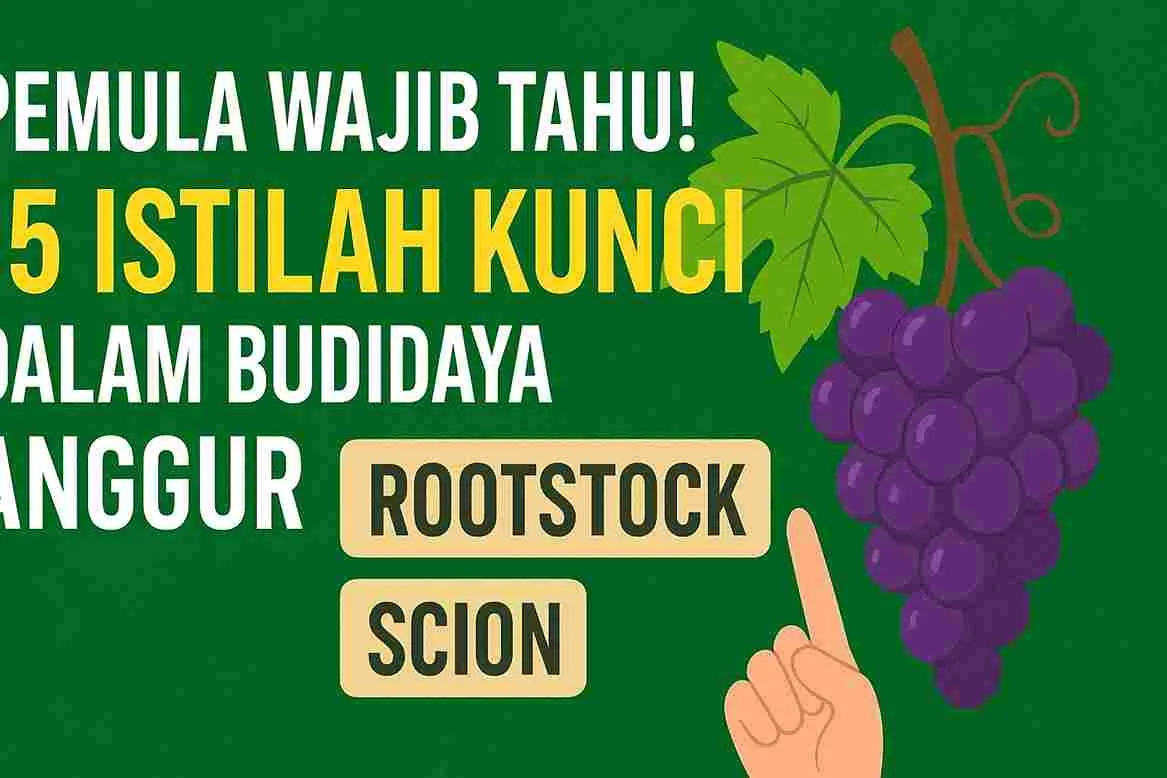 Thumbnail edukasi berwarna hijau dengan ilustrasi dompolan anggur ungu, daun anggur, dan teks besar ‘Pemula Wajib Tahu! 15 Istilah Kunci dalam Budidaya Anggur’, serta label rootstock dan scion.
