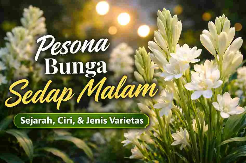 Bunga sedap malam putih mekar di malam hari dengan latar taman yang lembut.