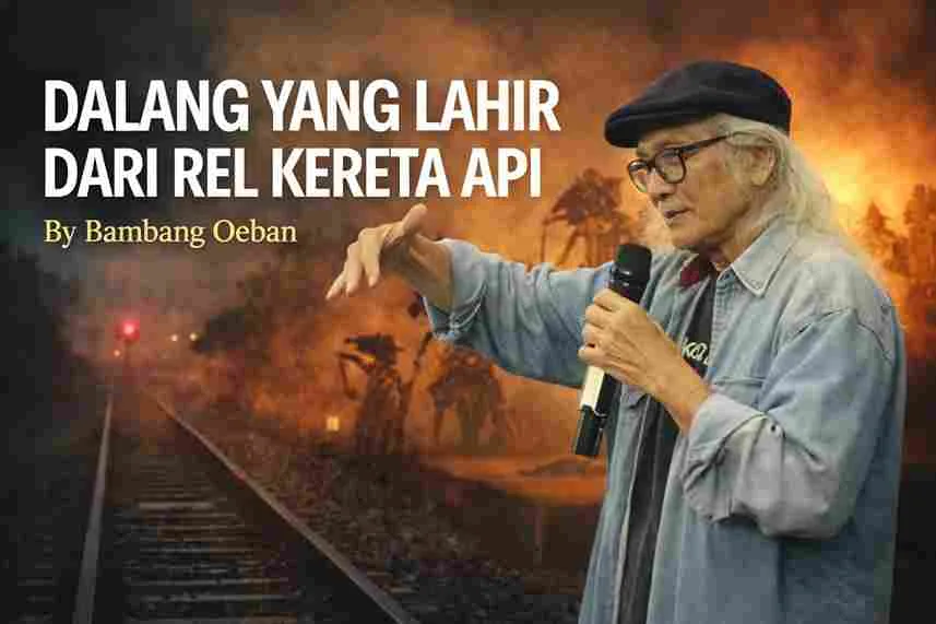 Rudolf Puspa, dalang dan seniman teater, berbicara sambil memegang mikrofon dengan latar rel kereta api simbol perjuangan dan seni