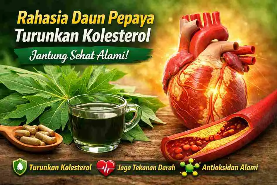 Ilustrasi daun pepaya, teh daun pepaya, dan jantung manusia yang melambangkan manfaat daun pepaya untuk menurunkan kolesterol dan menjaga kesehatan jantung.