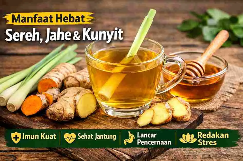 Minuman herbal sereh jahe kunyit hangat dengan bahan alami untuk meningkatkan imun, pencernaan, dan kesehatan tubuh