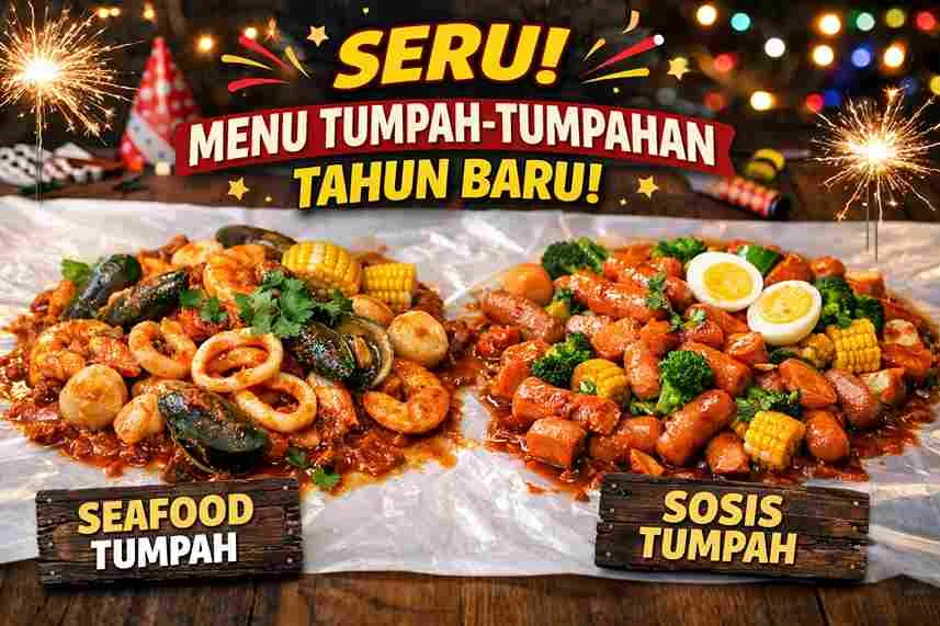 Menu tumpah-tumpahan tahun baru berupa seafood tumpah dan sosis tumpah pedas manis yang disajikan di atas meja untuk makan bersama