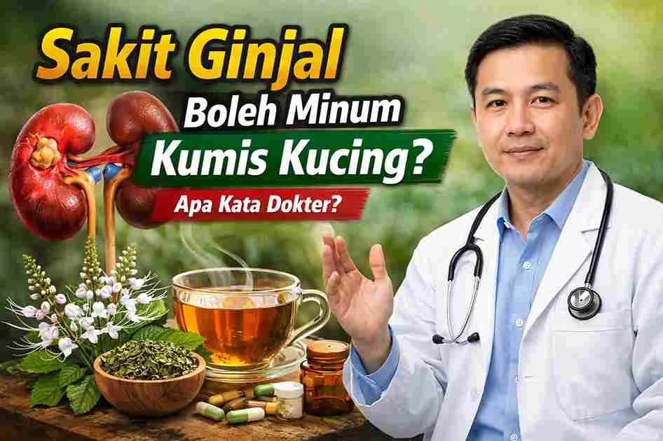 Ilustrasi dokter menjelaskan apakah penderita sakit ginjal boleh minum kumis kucing dengan gambar ginjal dan teh herbal.