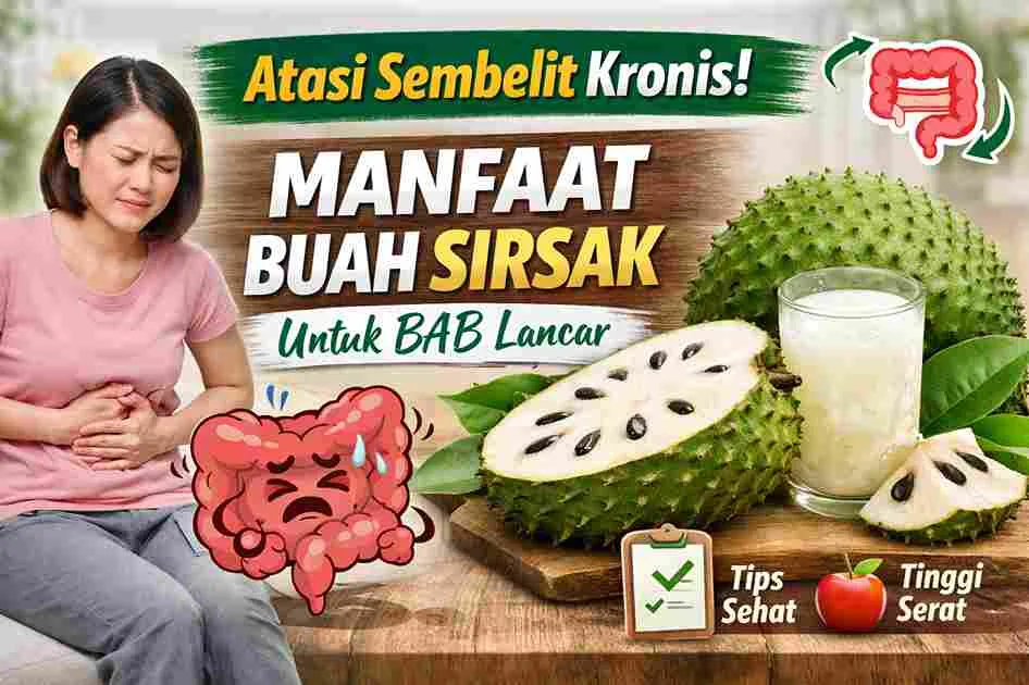 Thumbnail informatif tentang manfaat buah sirsak untuk mengatasi sembelit kronis, menampilkan sirsak segar, jus sirsak, dan ilustrasi pencernaan.