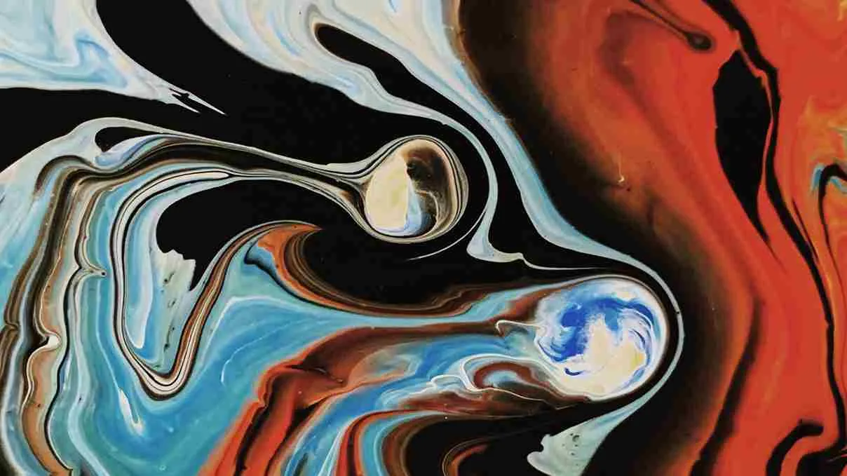 Ilustrasi seni rupa abstrak dengan aliran warna biru, merah, putih, dan hitam yang membentuk komposisi dinamis dan ekspresif.