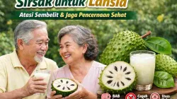 Lansia minum jus sirsak segar untuk membantu melancarkan pencernaan dan mencegah sembelit secara alami